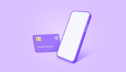 Mobile with credit card on purple background. Mobile banking and Online payment service. Saving money wealth and business financial concept. Smartphone money transfer online. 3D illustration. - obrazy, fototapety, plakaty