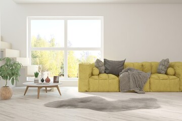 White living room with sofa and summer landscape in window. Scandinavian interior design. 3D illustration