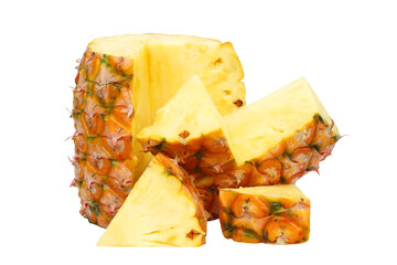 Juicy yellow pineapple with slices isolated on white background