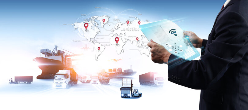 Businessman holding virtual interface panel of global logistics network distribution Container Cargo freight train, Air cargo trucking, Rail transportation, Online goods orders worldwide
