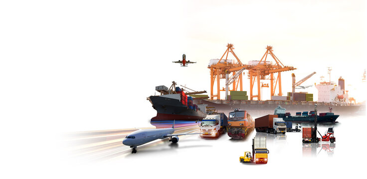 Global business of Container Cargo freight train for Business logistics concept, Air cargo trucking, Rail transportation and maritime shipping on white background