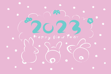 筆イラスト　後ろむき兎3匹　2023年年賀状　ピンク