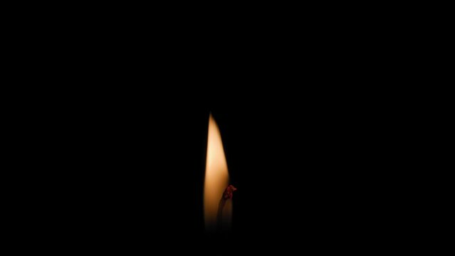 The Fire From A Candle Burns Close-up On A Black Background In The Center Of The Frame.The Candle Is Extinguished. The Flame Of A Burning Candle Wick. Commemoration Of The Dead And A Moment Of Silence