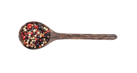 Mixed of peppers in wood spoon on transparent png
