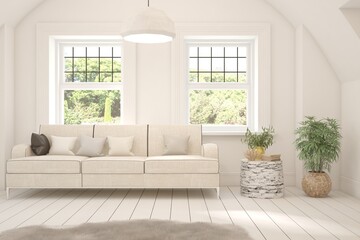 Fototapeta premium White living room with sofa and summer landscape in window. Scandinavian interior design. 3D illustration