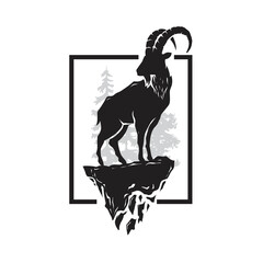 alpine ibex silhouette and forest at square background - obrazy, fototapety, plakaty