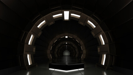Pentagon podium in spaceship or space station interior, Sci Fi tunnel, stage for product presentation, 3D rendering.