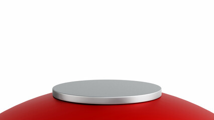 Grey cylinder podium on red sphere white background, stage for product, 3D rendering.
