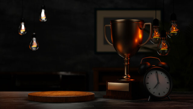 Wood Podium Stand On Working Table Dark Room With Clock And Trophy, 3d Rendering.