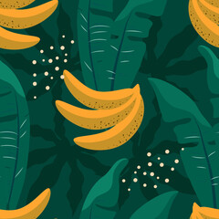 vector seamless pattern with banana fruits and tropical leaves