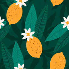 vector seamless pattern with lemon fruits and tropical leaves