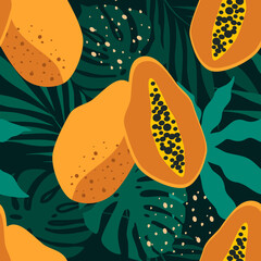 vector seamless pattern with papaya fruits and tropical leaves