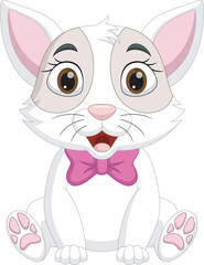 Cute cartoon white cat wearing a pink ribbon
