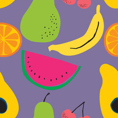 Hand-painted seamless pattern with colorful fruits on purple background.