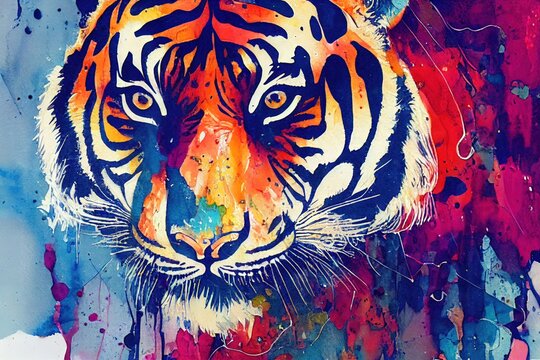 isolated tiger watercolour splashes with ink painting, llustration art