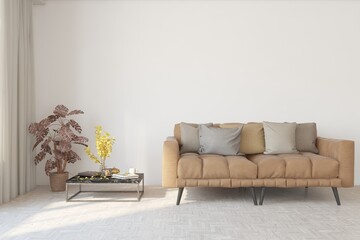 White living room with sofa. Scandinavian interior design. 3D illustration