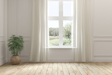 White empty room with summer landscape in window. Scandinavian interior design. 3D illustration