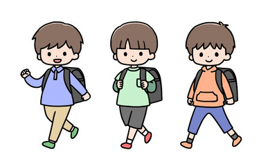 ランドセルを背負って歩く小学生の男の子3人