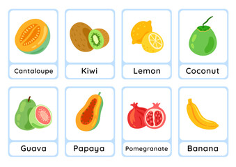 Fruits flashcard collection for children education, printable montessori material