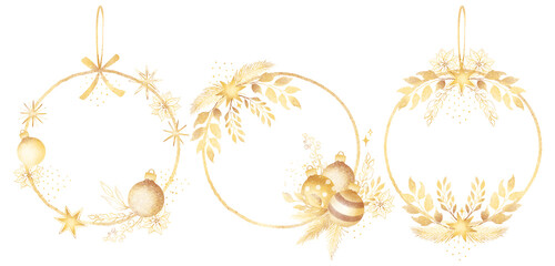 Watercolor hand drawn set, circle composition. Shiny gold Christmas decoration elements, Christmas tree, balls, spruce branches, yellow star isolated on white background. New year wreath collection.