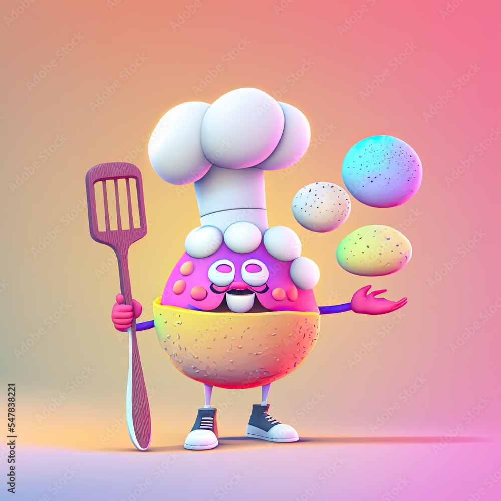 Wall mural Illustration of a cute 3D squishy character dressed as a chef holding a spatula