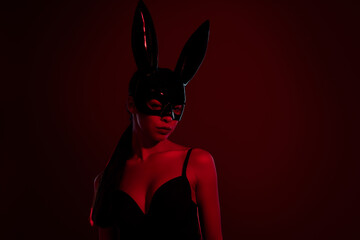 Photo of stunning fore play lady wear black rabbit costume for nightclub dance isolated on burgundy color background