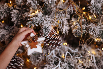Decorated Christmas tree on blurred background.