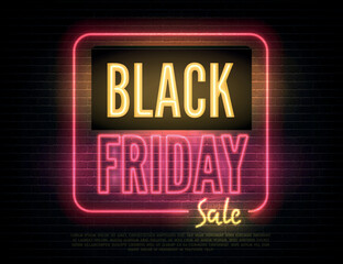 Black Friday seasonal clearance, luxury store special price offer poster design. Sale advert neon light and inscription on dark background. Stylish discounts realistic pink yellow vector banner