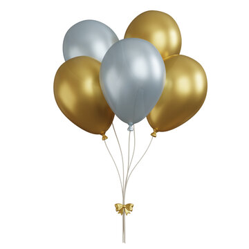 3D Rendering Gold and White Oval Balloons for Birthday, Party, Festival Decoration. PNG Transparent Background.