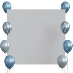 3D Rendering Blue Template Balloons and Blank Paper Banner for Birthday, Party, Festival Decoration.