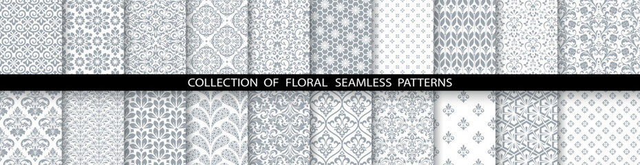 Geometric floral set of seamless patterns. White and gray vector backgrounds. Simple illustrations