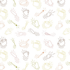doodle white background multicolored with dishes, background, pattern for cafes, canteens, restaurants, banner, poster