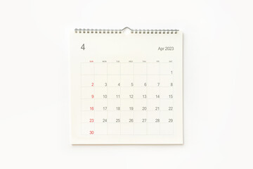 April 2022 calendar page on white. Calendar background for reminder, business planning, appointment...