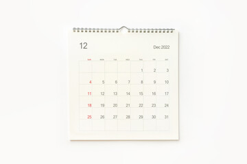 December 2022 calendar page on white. Calendar background for reminder, business planning, appointment meeting and event.
