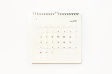 January 2023 calendar page on white. Calendar background for reminder, business planning, appointment meeting and event. - obrazy, fototapety, plakaty