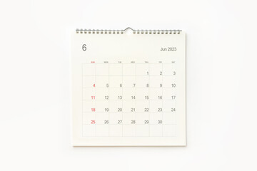 June 2023 calendar page on white. Calendar background for reminder, business planning, appointment...
