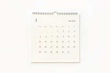 March 2023 calendar page on white. Calendar background for reminder, business planning, appointment...