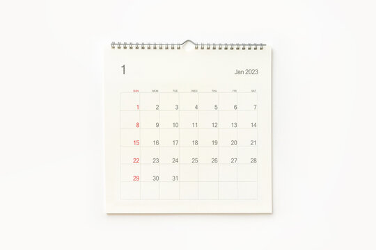 January 2023 calendar page on white. Calendar background for reminder, business planning, appointment meeting and event.