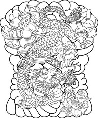 hand drawn Dragon tattoo ,coloring book japanese style.Japanese old dragon with Sunrise.Symbol of chinese dragon illustration on background for T-shirt. Traditional Asian tattoo the old dragon vector.