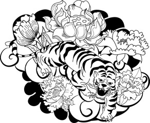 Traditional Japanese tiger tattoo.Tiger Sticker tattoo design,Cartoon tiger on black background.Vector illustration for embroidery and printing on shirt.Beautiful line art of flower.