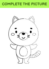 Complete drawn picture of cute cat. Coloring book. Dot copy game. Handwriting practice, drawing skills training. Education developing printable worksheet. Activity page. Vector illustration.