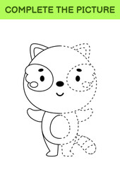 Complete drawn picture of cute raccoon. Coloring book. Dot copy game. Handwriting practice, drawing skills training. Education developing printable worksheet. Activity page. Vector illustration
