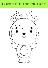 Complete drawn picture of cute deer. Coloring book. Dot copy game. Handwriting practice, drawing skills training. Education developing printable worksheet. Activity page. Vector illustration