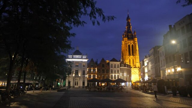 Twilight photo of Saint Martin's Church in Kortrijk, view from Central Square. Belgium, Flemish province of West Flanders.