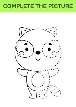 Complete drawn picture of cute raccoon. Coloring book. Dot copy game. Handwriting practice, drawing skills training. Education developing printable worksheet. Activity page. Vector illustration