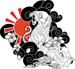 Traditional Japanese tiger tattoo.Tiger Sticker tattoo design,Cartoon tiger on black background.Vector illustration for embroidery and printing on shirt.Beautiful line art of flower.