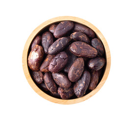 Group of roasted unpeeled cocoa beans in wood bowl isolated on transparent png