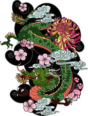 hand drawn Dragon tattoo ,coloring book japanese style.Japanese old dragon with Sunrise.Symbol of chinese dragon illustration on background for T-shirt. Traditional Asian tattoo the old dragon vector.