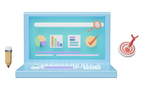 3d laptop computer with charts graph, analysis business financial data, target, darts, magnifying glass, pencil isolated. Online marketing, business strategy concept, 3d render illustration