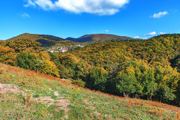 Naklejka premium Autumn forest in warm colors in the mountains on a sunny day. Mountain landscape with autumn forest in yellow-red foliage. Mountains with colorful autumn trees under a cloudy blue sky.